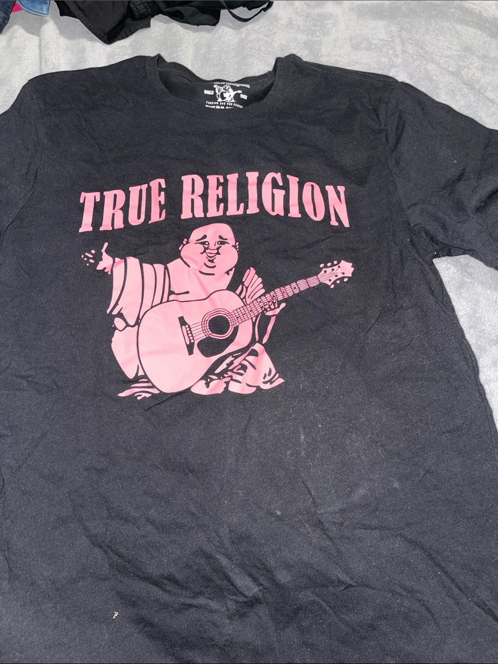 True Religion Black T-Shirt with Pink Buddha Guitar Graphic